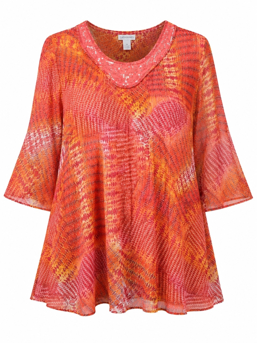 CATHERINES | Semi Sheer Crinkle Swing‎ Blouse Beaded Bell Sleeve Orange | 1X